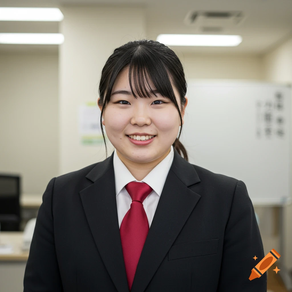 A smiling Japanese woman with black hair, wearing a black suit and red tie in an office.