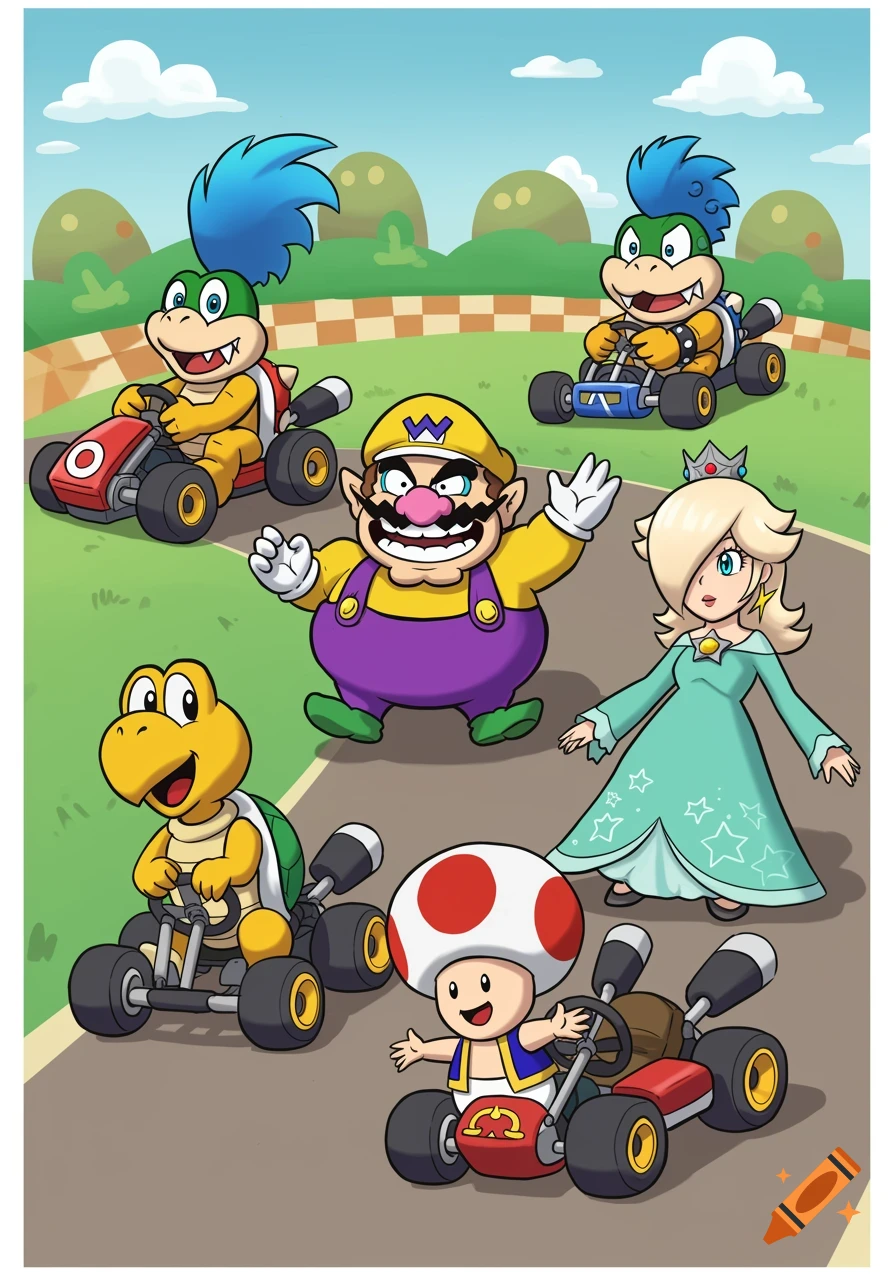 Cartoon Mario Kart characters including Koopa Troopa, Wario, Rosalina, Toad, and two Koopalings driving karts on a race track.