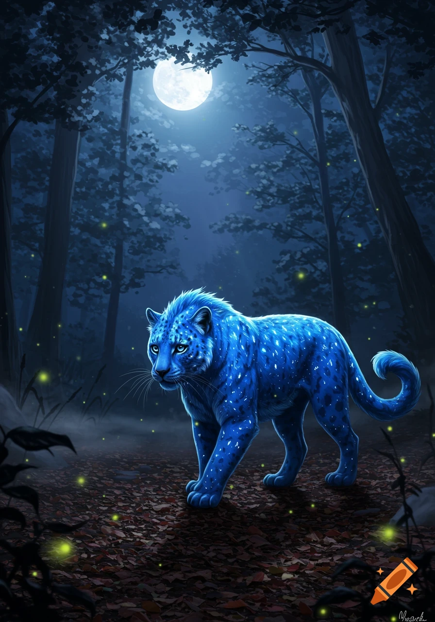 A majestic blue leopard-like creature with glowing spots walks through a dark, mystical forest under a bright full moon, with fireflies illuminating the ground.
