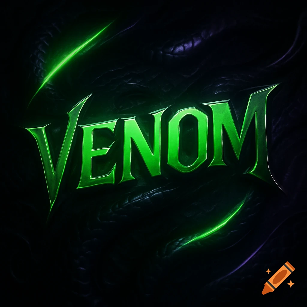 Stylized green text 'VENOM' with a glossy finish and glowing outlines on a dark, textured background.