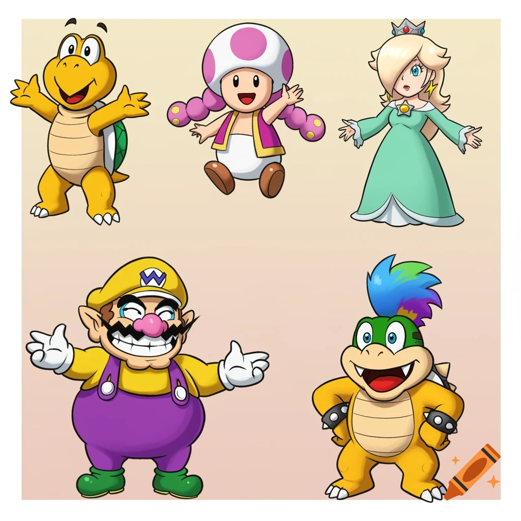 Cartoon illustrations of Mario Kart characters Koopa Troopa, Toadette, Rosalina, Wario, and Larry Koopa.