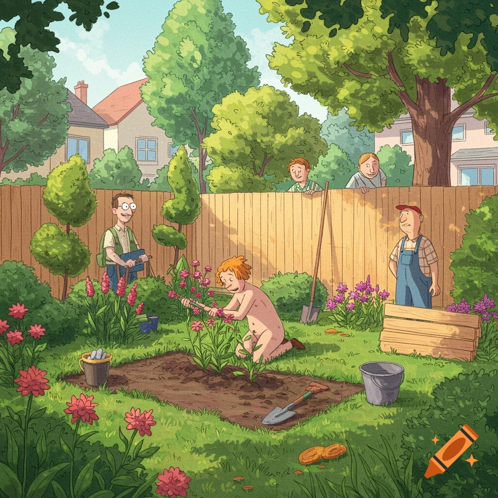 A naked man kneels gardening in a backyard while neighbors peek over a wooden fence in a cartoon illustration.