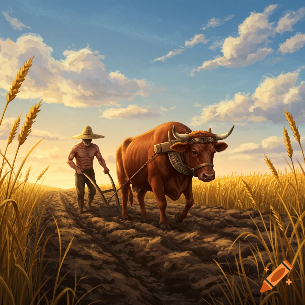 A man in a straw hat and an ox plow a field of wheat under a cloudy sky in a painterly style.