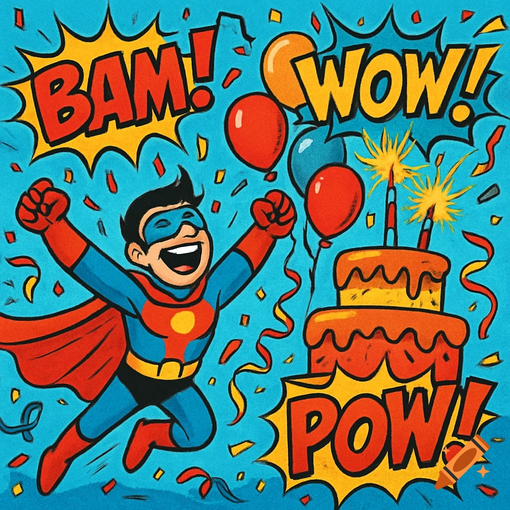 A comic book style superhero celebrates with a birthday cake, balloons, and confetti, with 'BAM!', 'WOW!', 'POW!' text bubbles.