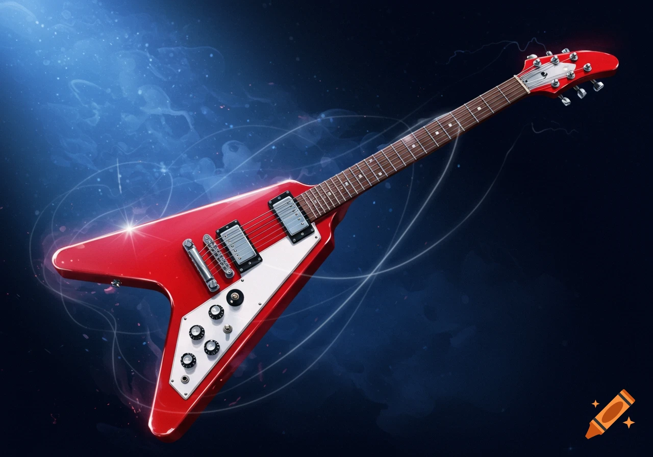 A red flying V electric guitar with a bright white pickguard against a glowing blue background.