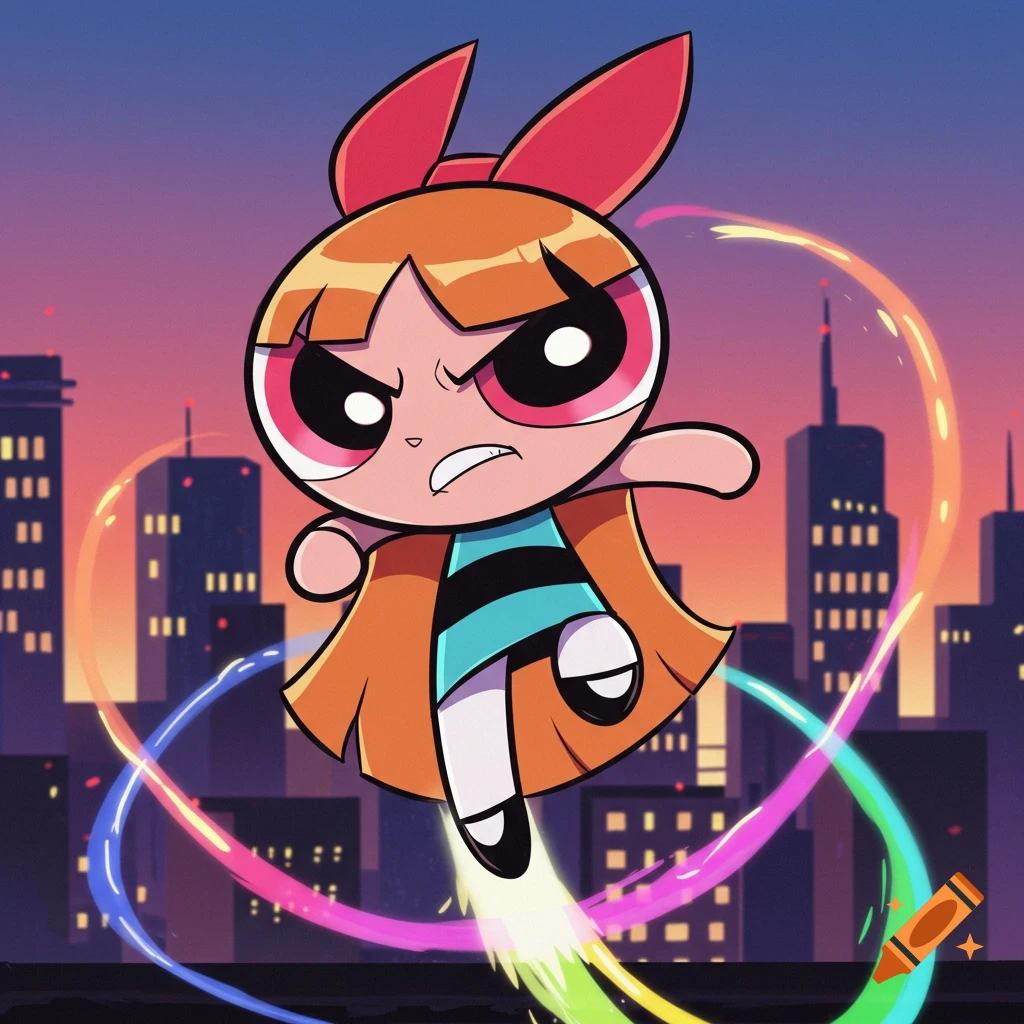 Blossom from Powerpuff Girls flies over a city skyline at dusk, leaving a rainbow trail.