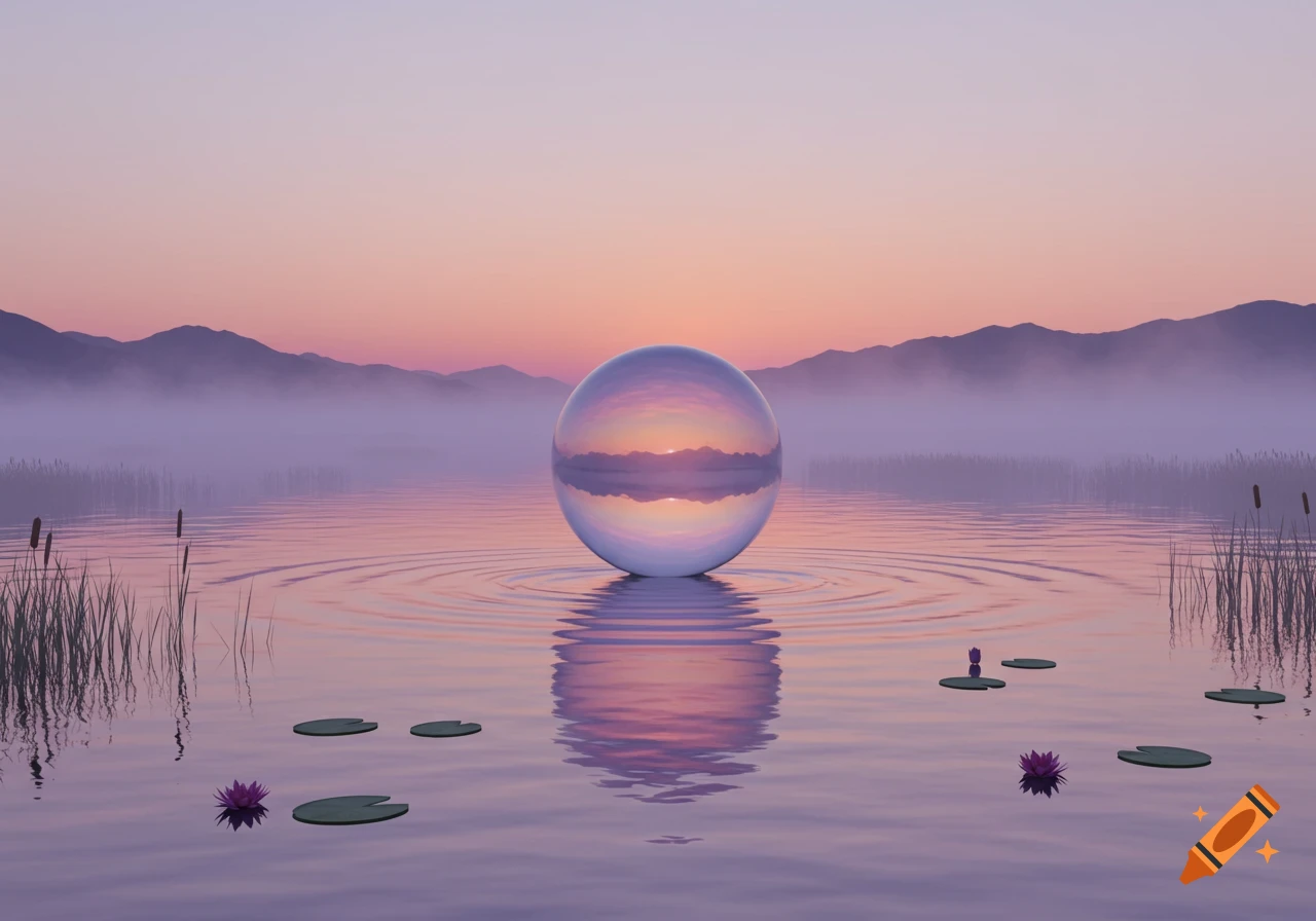 A large reflective sphere sits in a misty lake at sunset, with mountains in the background and lily pads on the water.