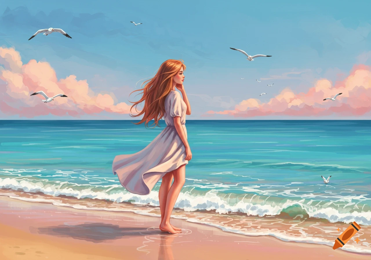 An illustrated serene woman with long flowing hair stands on a sandy beach looking at the ocean and distant seagulls.
