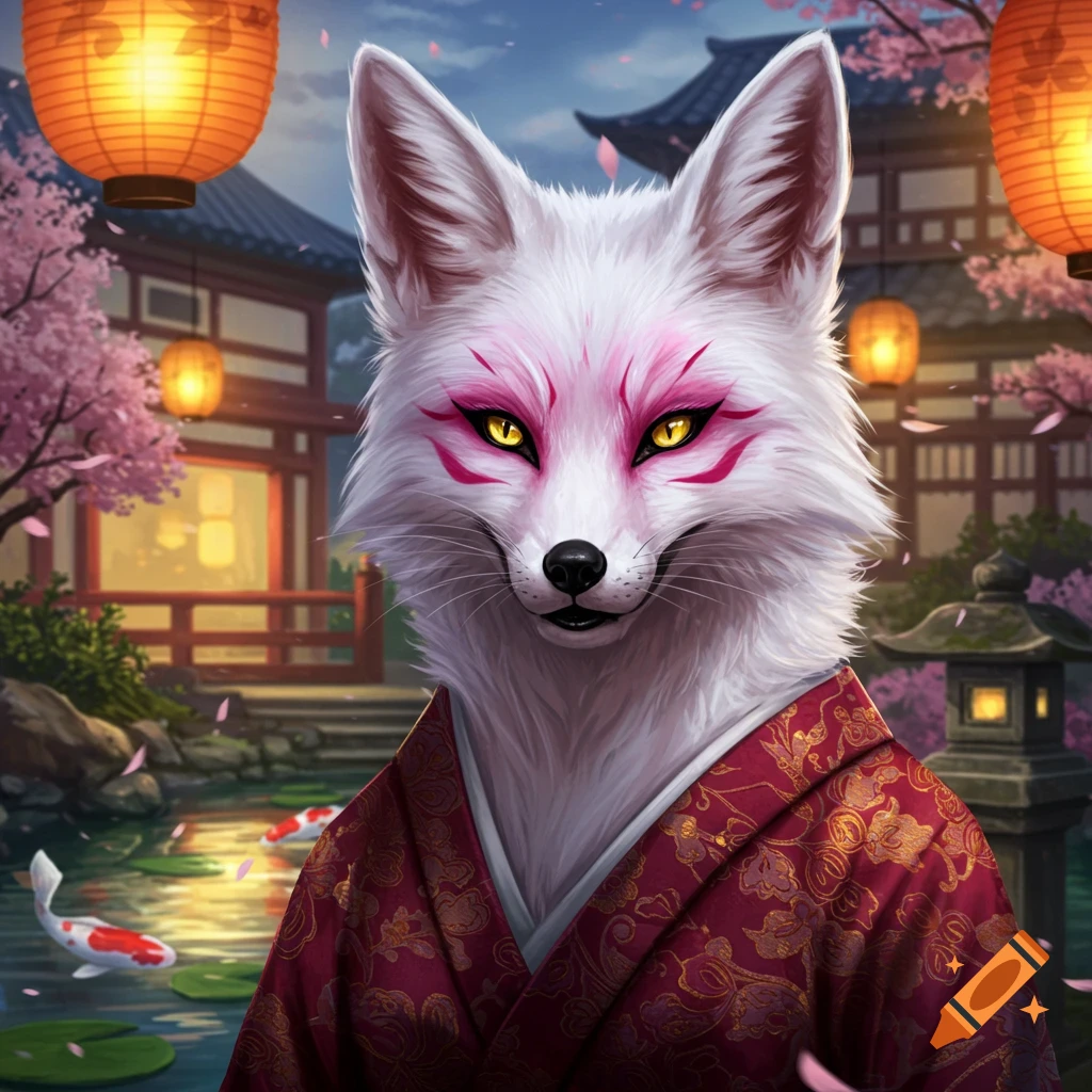 Anthropomorphic white fox with pink kabuki makeup and yellow eyes wearing a red kimono in a Japanese garden with cherry blossoms and koi fish.