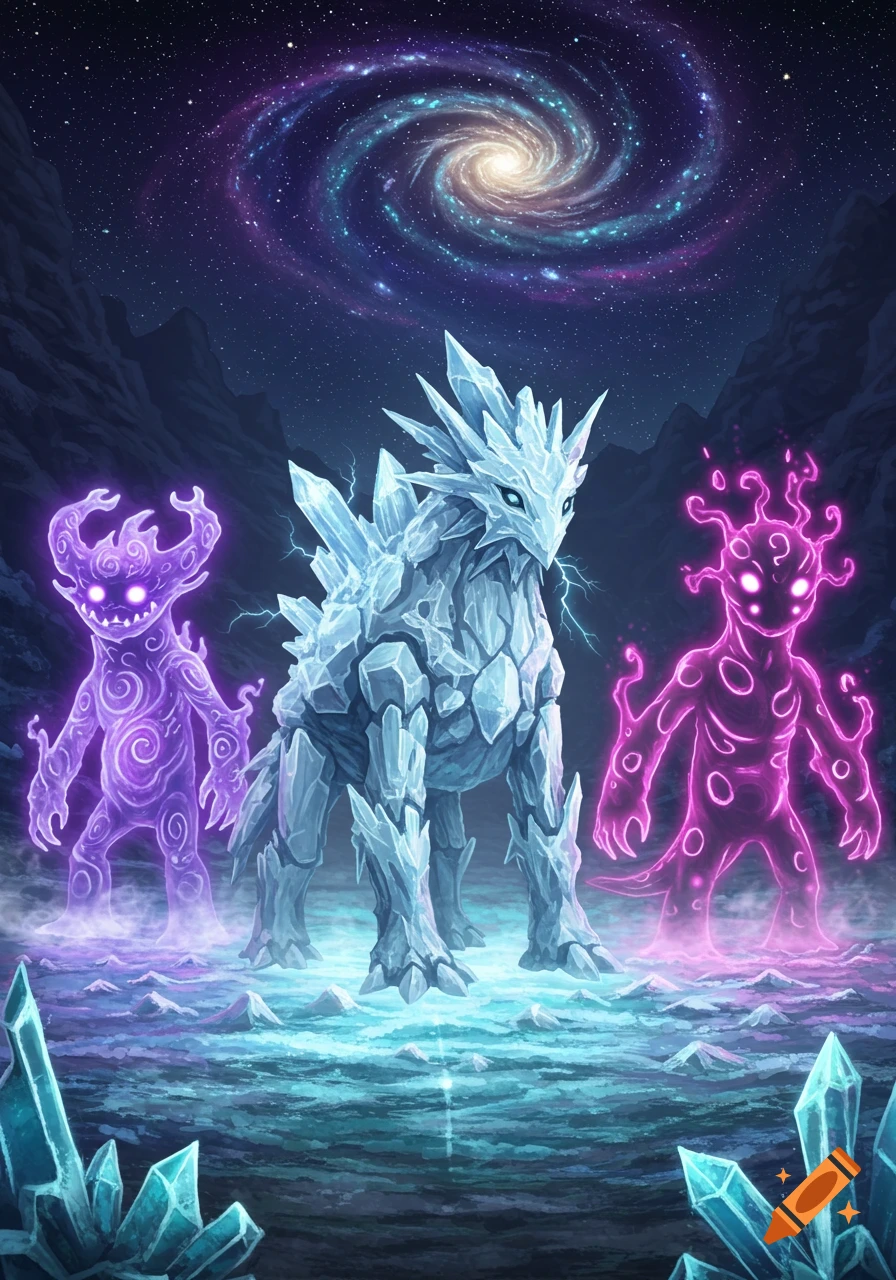 Three stylized monsters, one ice-like and two glowing, stand on an icy landscape under a swirling purple and blue galaxy.
