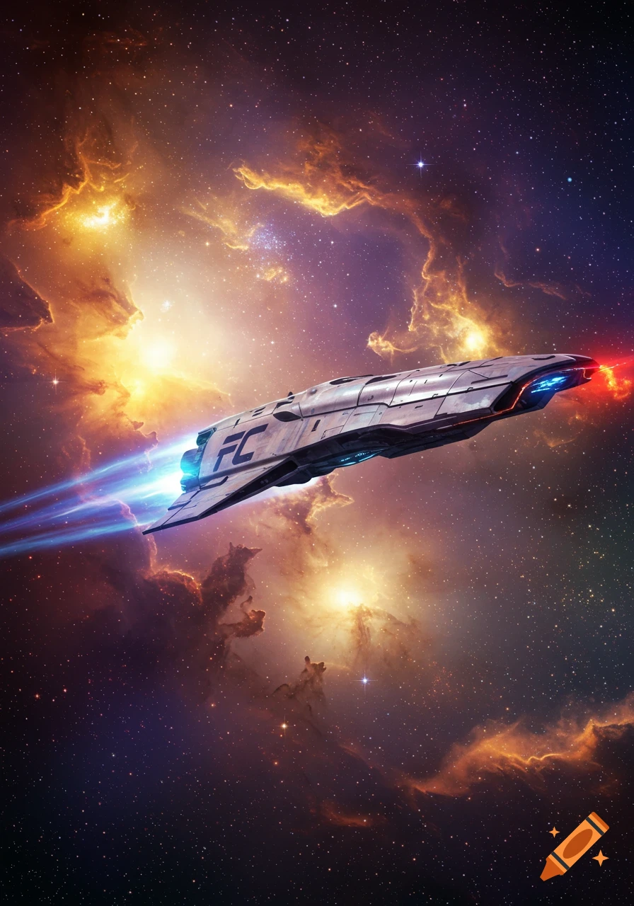 A silver spaceship with blue and red thruster flames speeds through a vibrant orange and purple nebula with many stars.