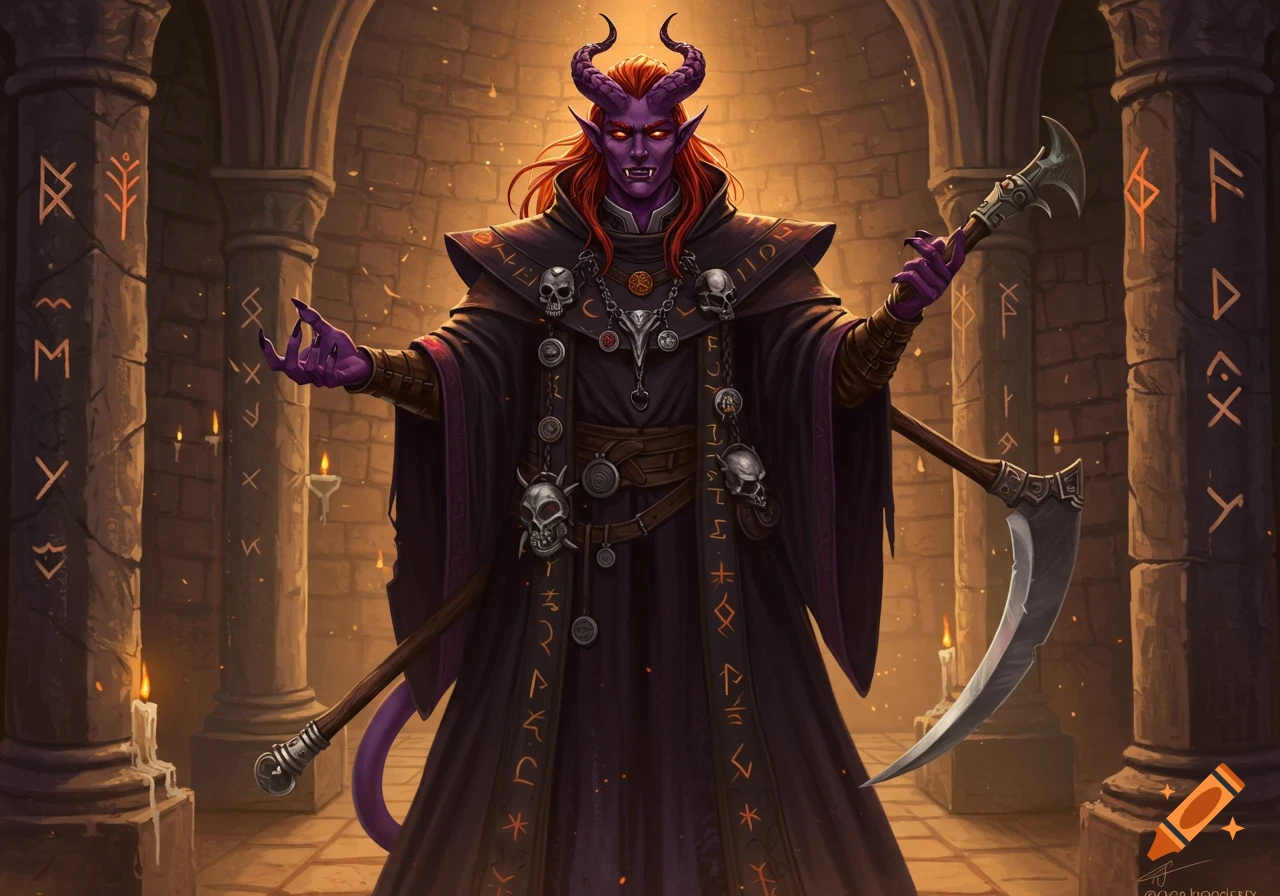 A male tiefling cleric with purple skin, red hair, and horns in a dark, rune-adorned robe, holding a scythe in a stone dungeon.