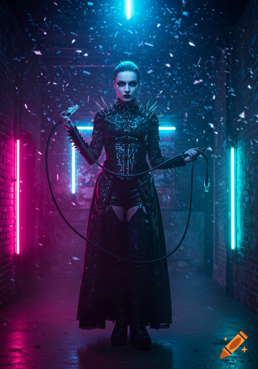 A goth woman in a spiked cyber-gothic outfit stands in a neon-lit alley, holding a network cable.