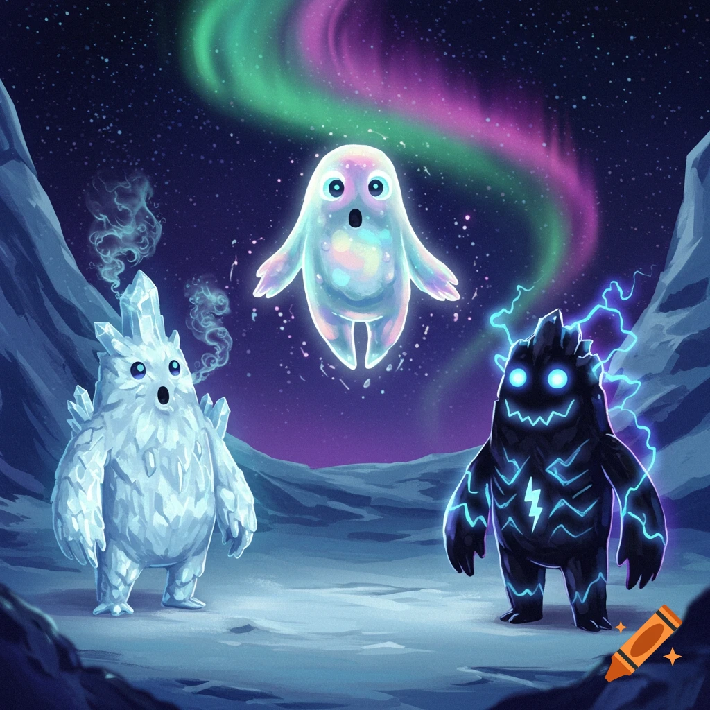 Three cartoon monsters, one ice, one plasma, and one glowing iridescent, stand under a vibrant aurora borealis in a snowy, starry night landscape.