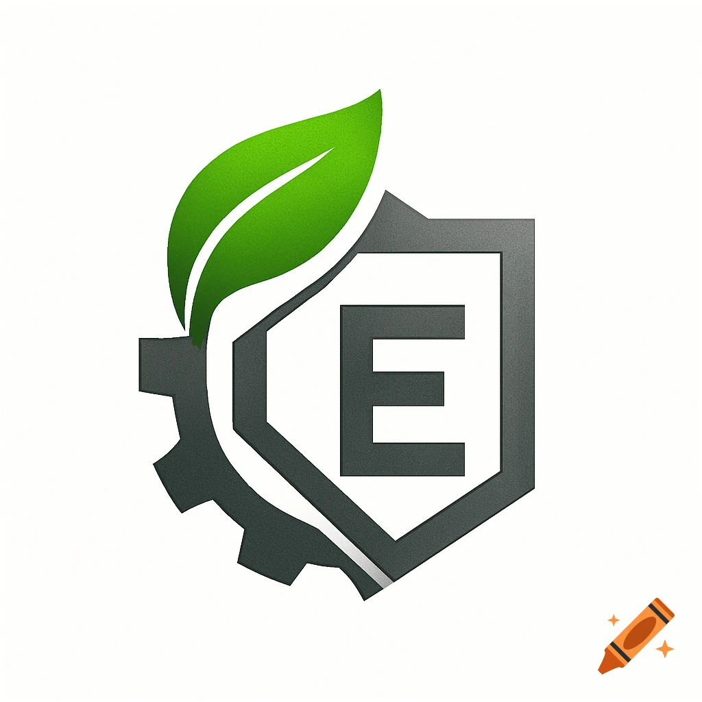 A sleek logo featuring a green leaf, a gray gear, and a shield with a bold letter 'E' inside.