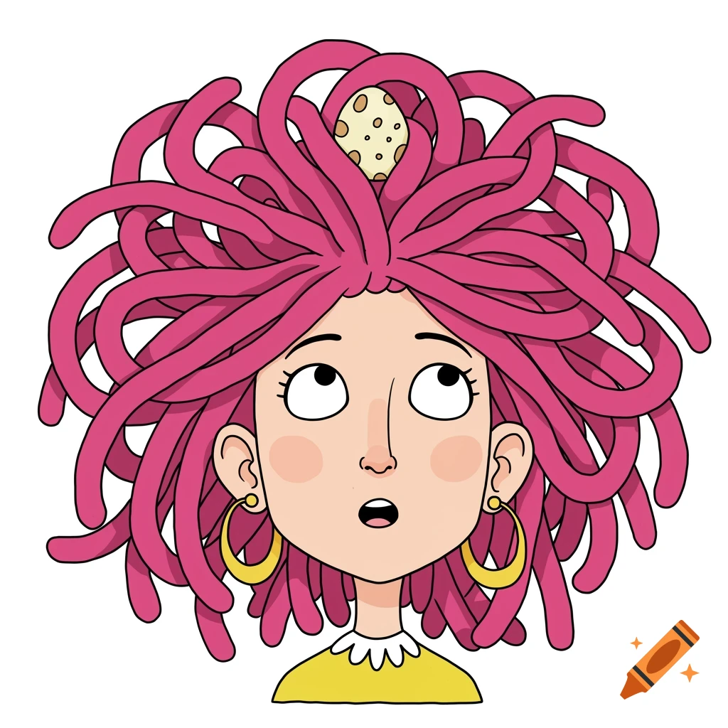 Quirky cartoon lady with pink dreadlocks looking up at an egg in her hair, in a simple children's picture book style.