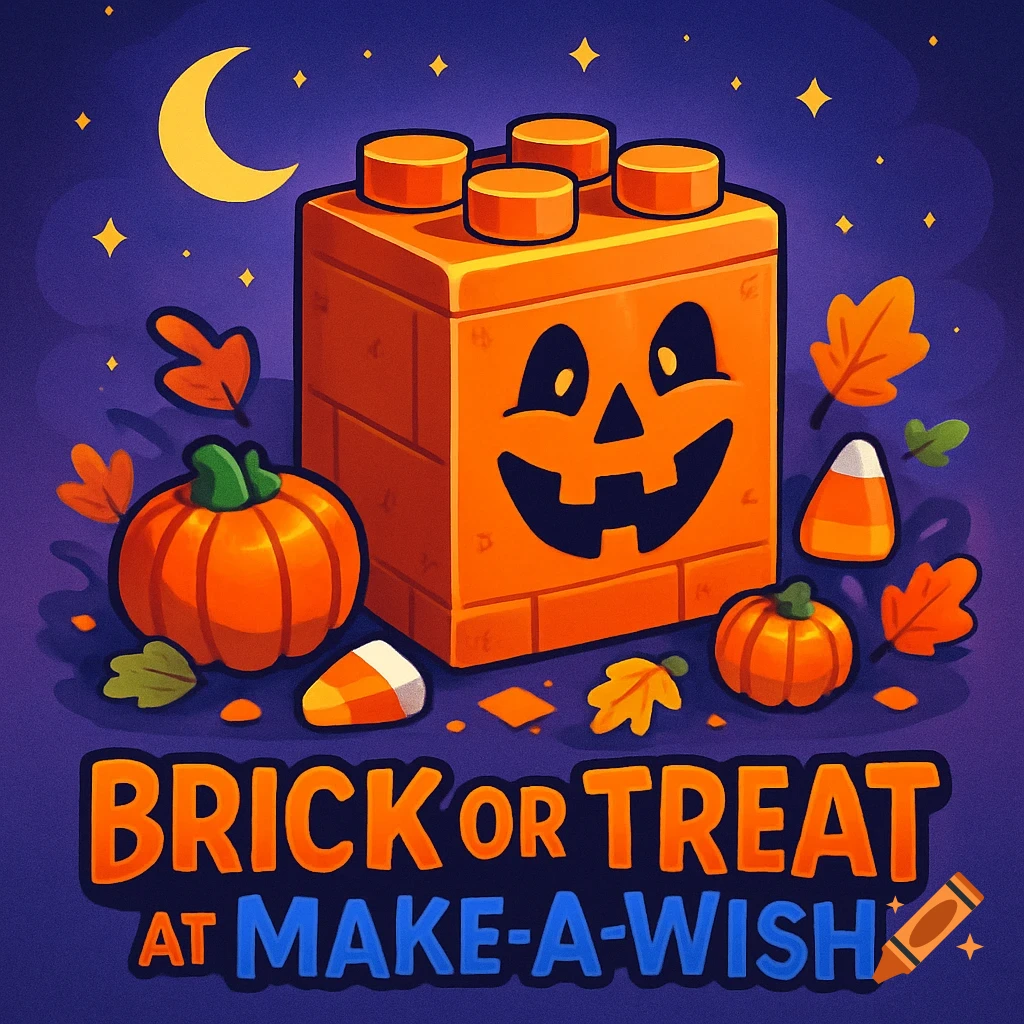 Cartoon illustration of an orange Lego brick carved as a jack-o'-lantern, surrounded by pumpkins, candy corn, and autumn leaves under a crescent moon and stars. Text reads "BRICK OR TREAT AT MAKE-A-WISH."