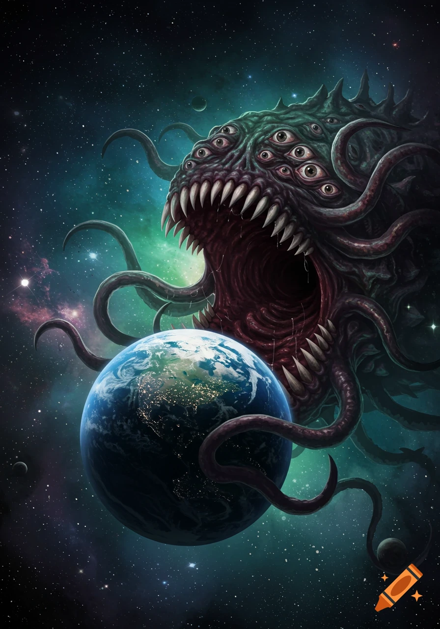 A horrifying multi-eyed, tentacled eldritch monster with sharp teeth looms over Earth in space.