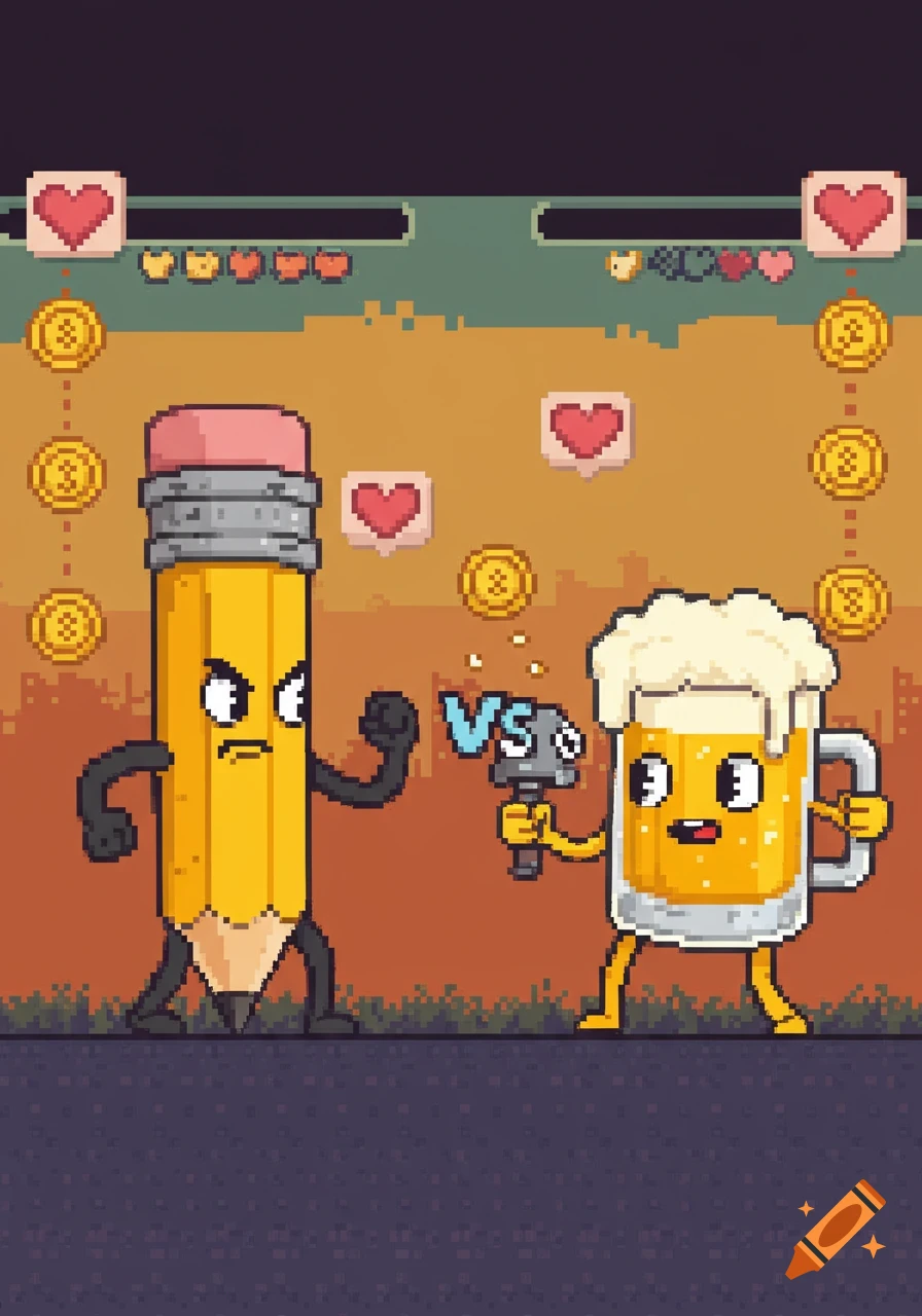 A pixel art image of an angry anthropomorphic pencil and a smiling anthropomorphic beer mug facing each other with 'VS' in the middle, set against a game-like background with health bars.