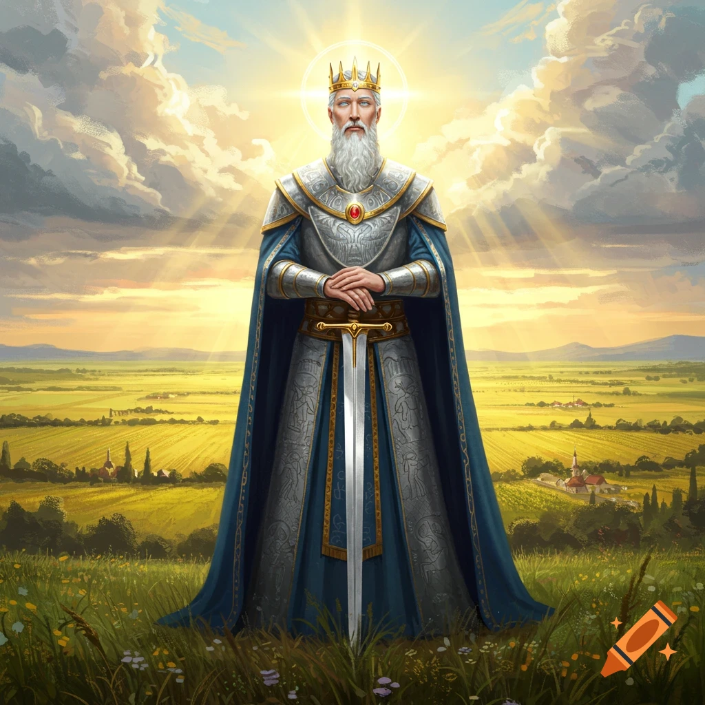 A majestic, bearded king in ornate armor and a blue cape stands holding a sword in a radiant sunlit field. Illustrated style.