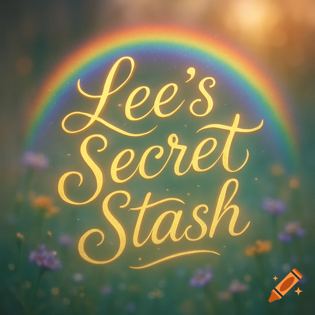 Golden, script text 'Lee's Secret Stash' over a vibrant rainbow, set against a blurred background of green fields and colorful flowers under a sunny sky.