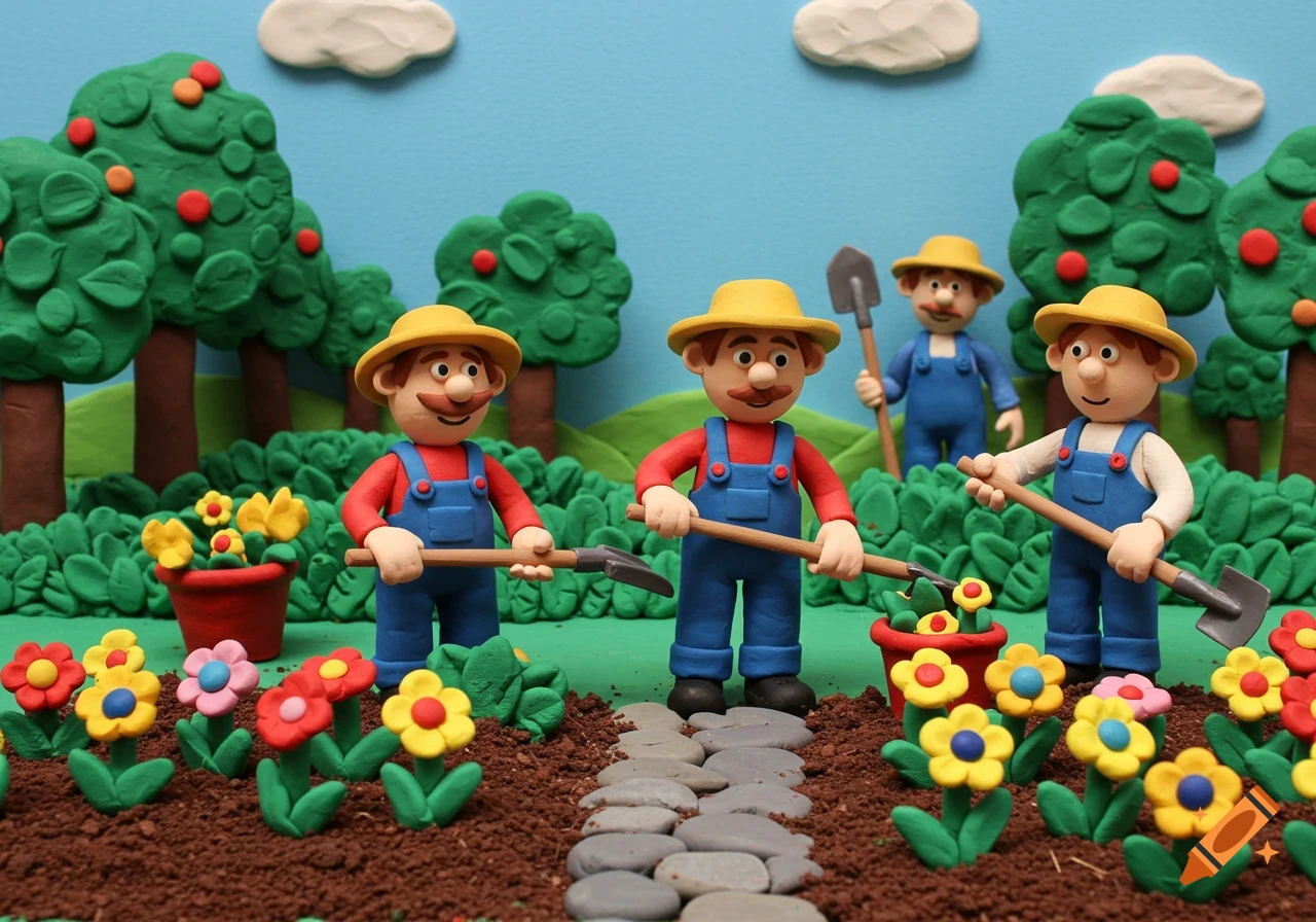 Claymation scene of three farmers in overalls and straw hats working in a colorful garden with flowers and trees.
