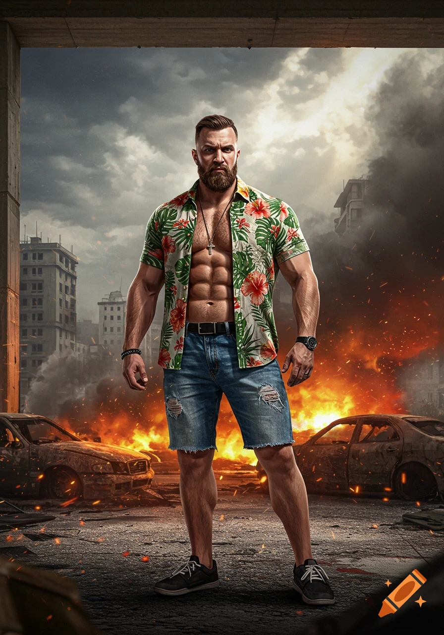 A muscular man with a beard and Hawaiian shirt stands in a destroyed, burning city in a photorealistic style.