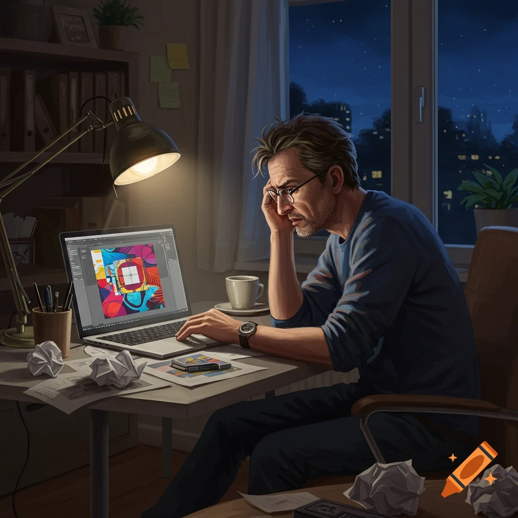 A man with glasses looking frustrated while sitting at a desk with his laptop open to design software, with crumpled papers around him, at night.