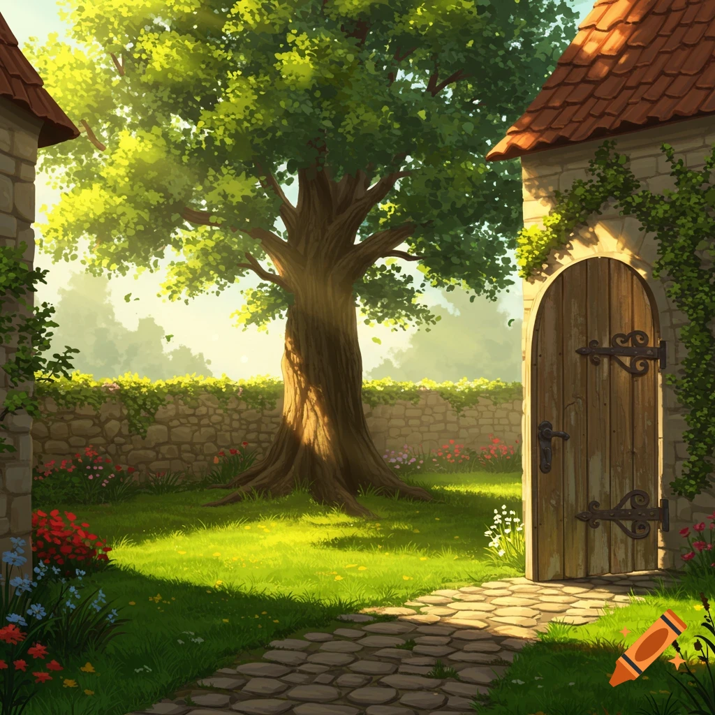 A sunlit garden with a large tree, a stone wall, and a wooden arched door, seen from a cobblestone path. Illustrative style.