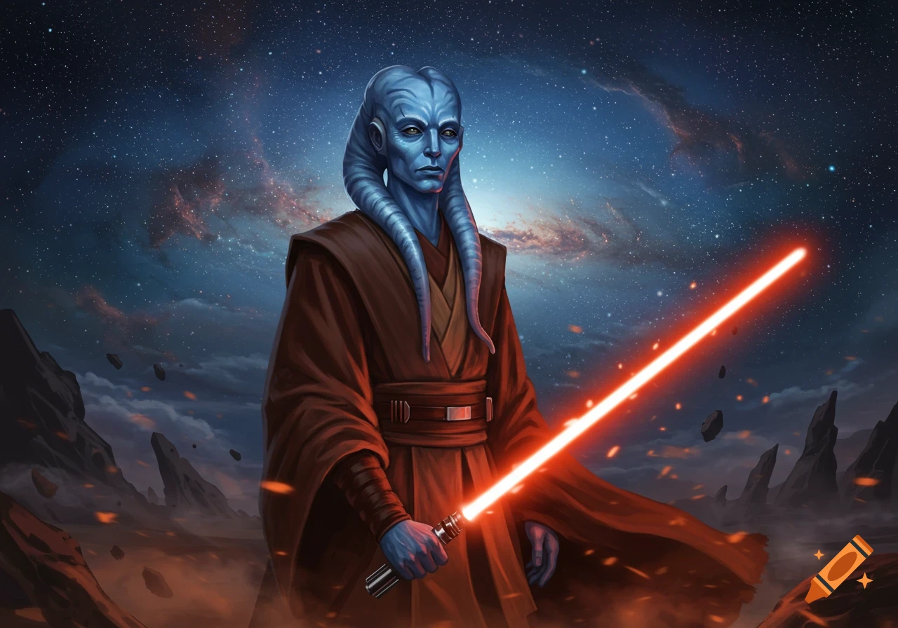 A blue-skinned Nautolan Jedi in brown robes stands with a red lightsaber against a starry, cosmic background.