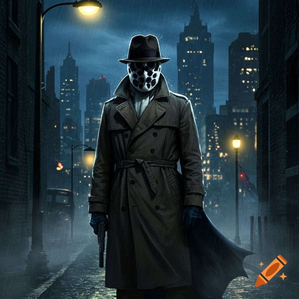 Rorschach, wearing his signature inkblot mask and trench coat, stands in a dark, rainy city alley under a streetlamp at night, holding a pistol. Skyscrapers are visible in the background.
