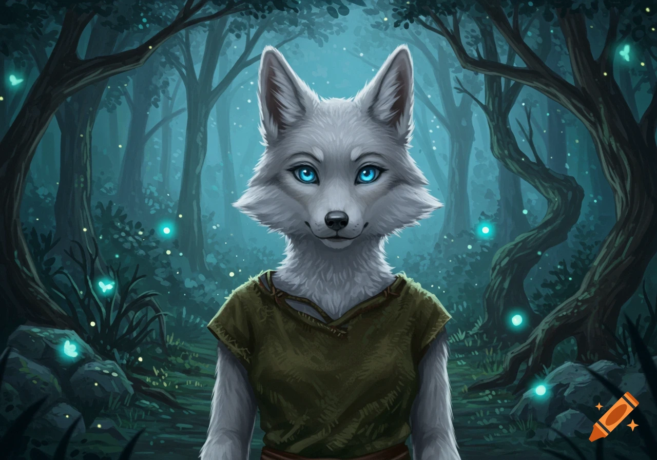 A light gray anthropomorphic wolf with bright blue eyes stands in a dark, mystical forest with glowing blue lights.