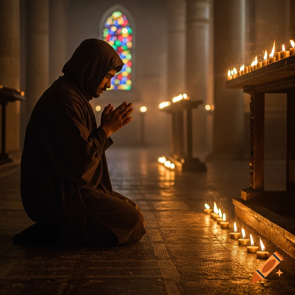 A person in a hooded robe kneels in prayer in a dimly lit church with many lit candles and a stained glass window.