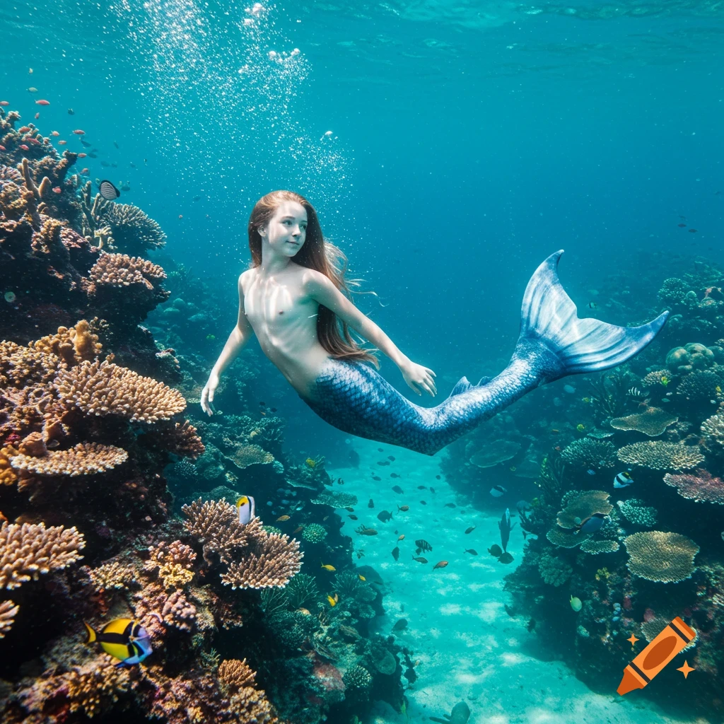 A red-haired mermaid with a blue tail swims among vibrant coral reefs and fish in clear blue water.