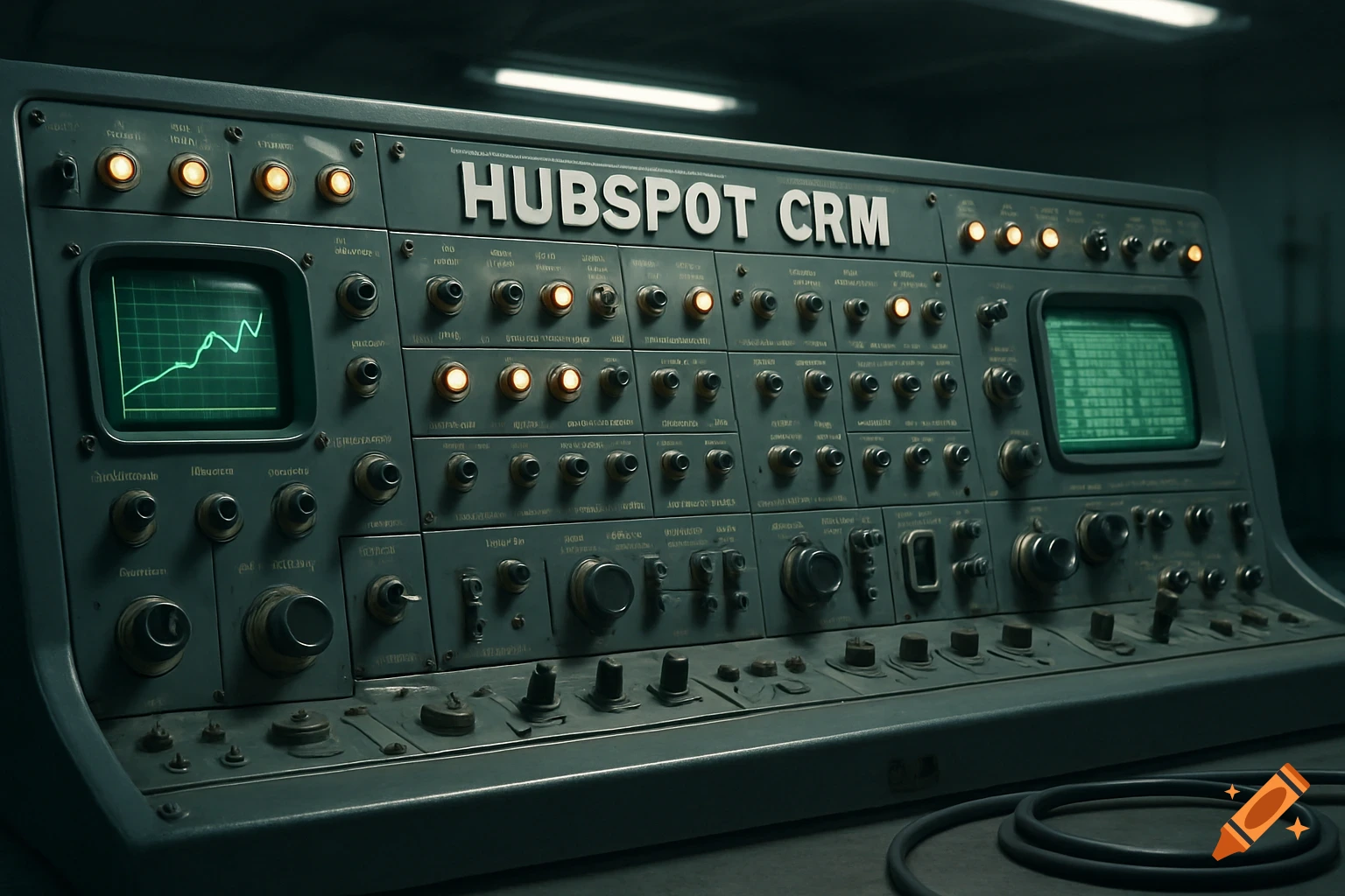A photorealistic, widescreen view of a vintage 1960s-style hardware control panel with lights, knobs, switches, and two green-glowing CRT screens, one displaying a graph and the other text. The panel reads "HUBSPOT CRM" in large letters.