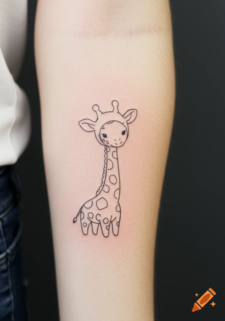 A minimalistic line-art tattoo of a cute giraffe wearing a simple hat, on a person's arm.