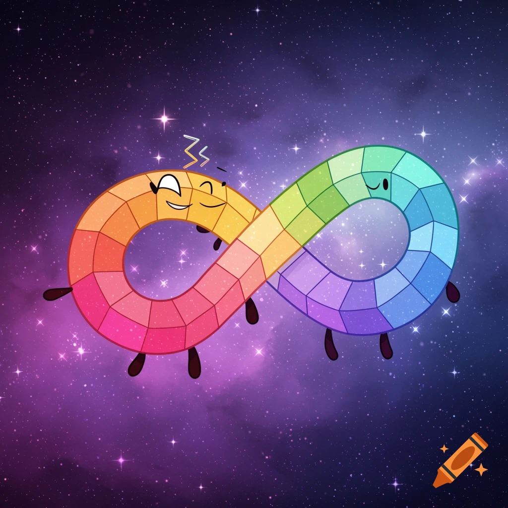 A colorful, segmented infinity symbol with cartoon faces and small feet, resembling a Numberblock character, floats in a starry galaxy background.