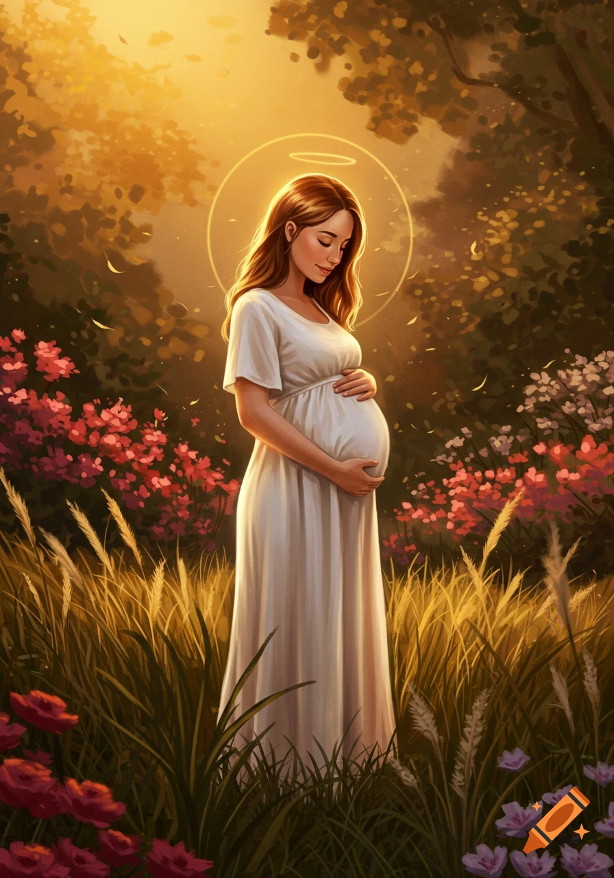 A serene pregnant woman with a halo stands in a golden-lit field of tall grass and wildflowers, holding her belly.