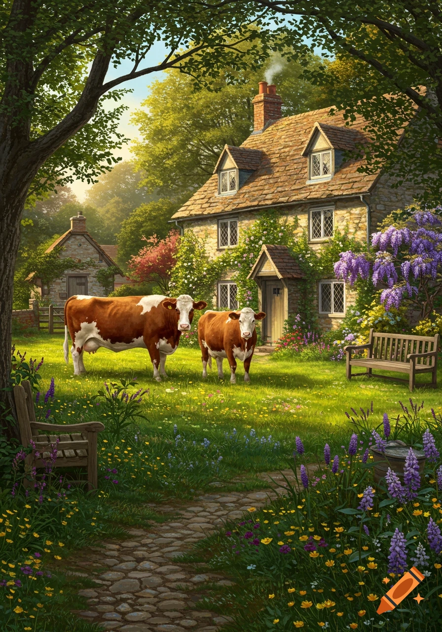 Two Hereford cows stand in a lush green garden with wildflowers, in front of a stone cottage with a thatched roof under a canopy of green trees.