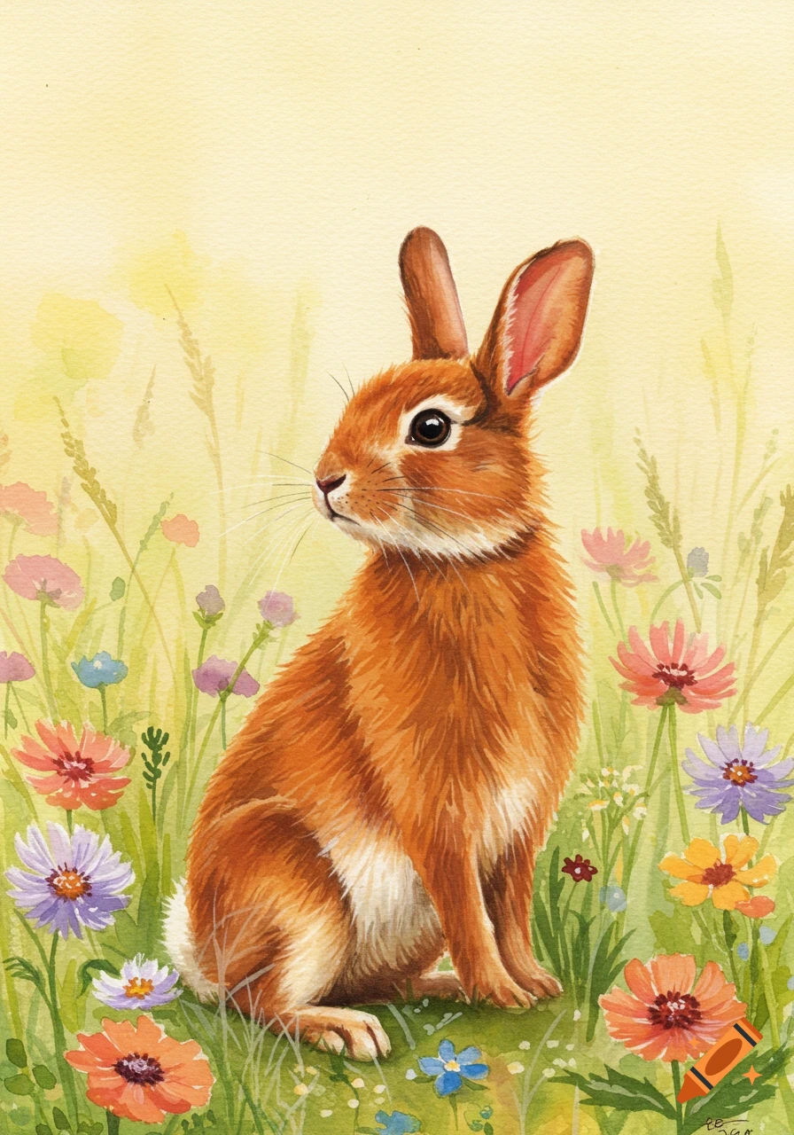 A brown rabbit sits among vibrant wildflowers in a watercolor painting.