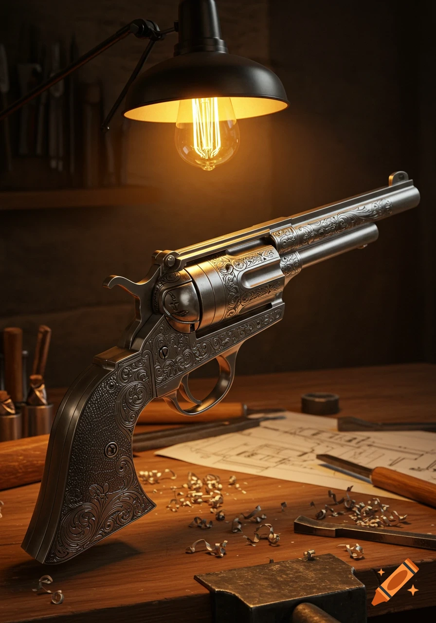 An ornate, detailed revolver sits on a wooden workbench with metal shavings under the bright glow of a desk lamp.