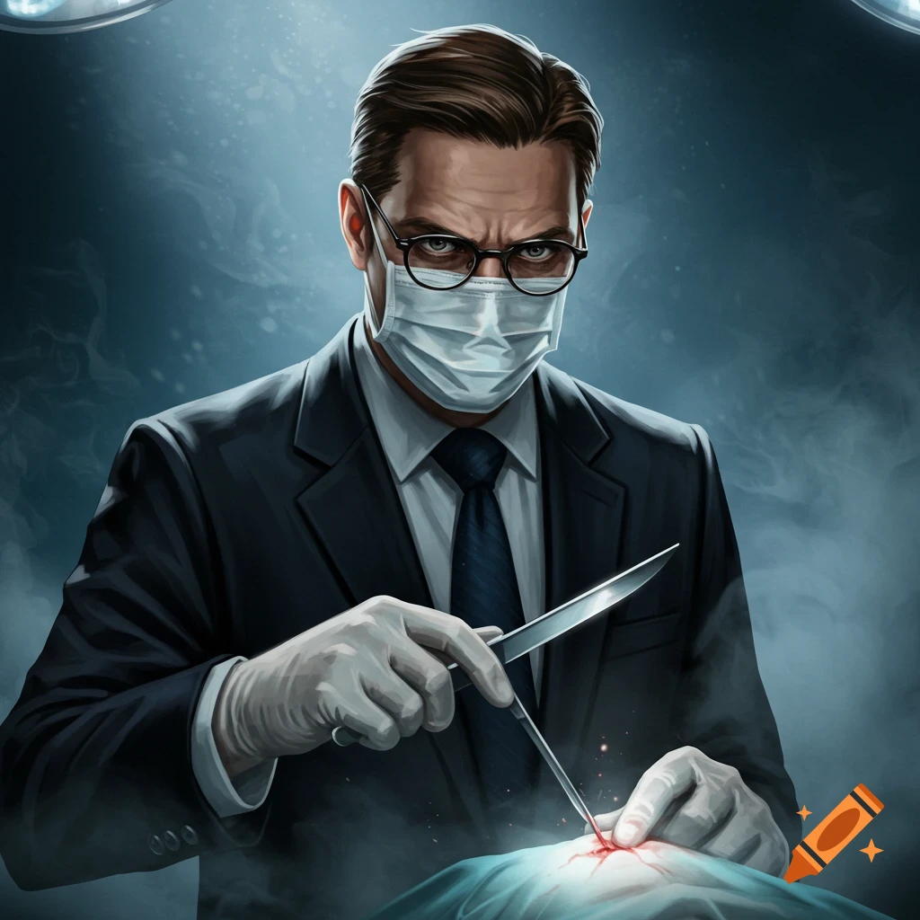 A mysterious doctor in a dark suit, mask, and glasses performs surgery with a scalpel, in an illustrative style.