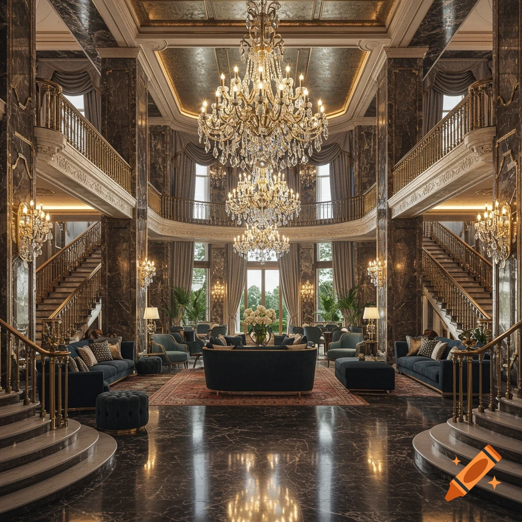 Grand, opulent mansion lobby with multiple crystal chandeliers, marble floors, twin curving staircases, and luxurious seating areas.
