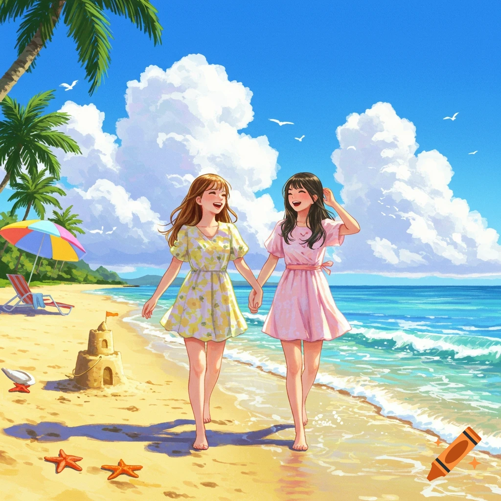 Two smiling anime girls walk hand-in-hand along a sunny beach with a sandcastle and palm trees.