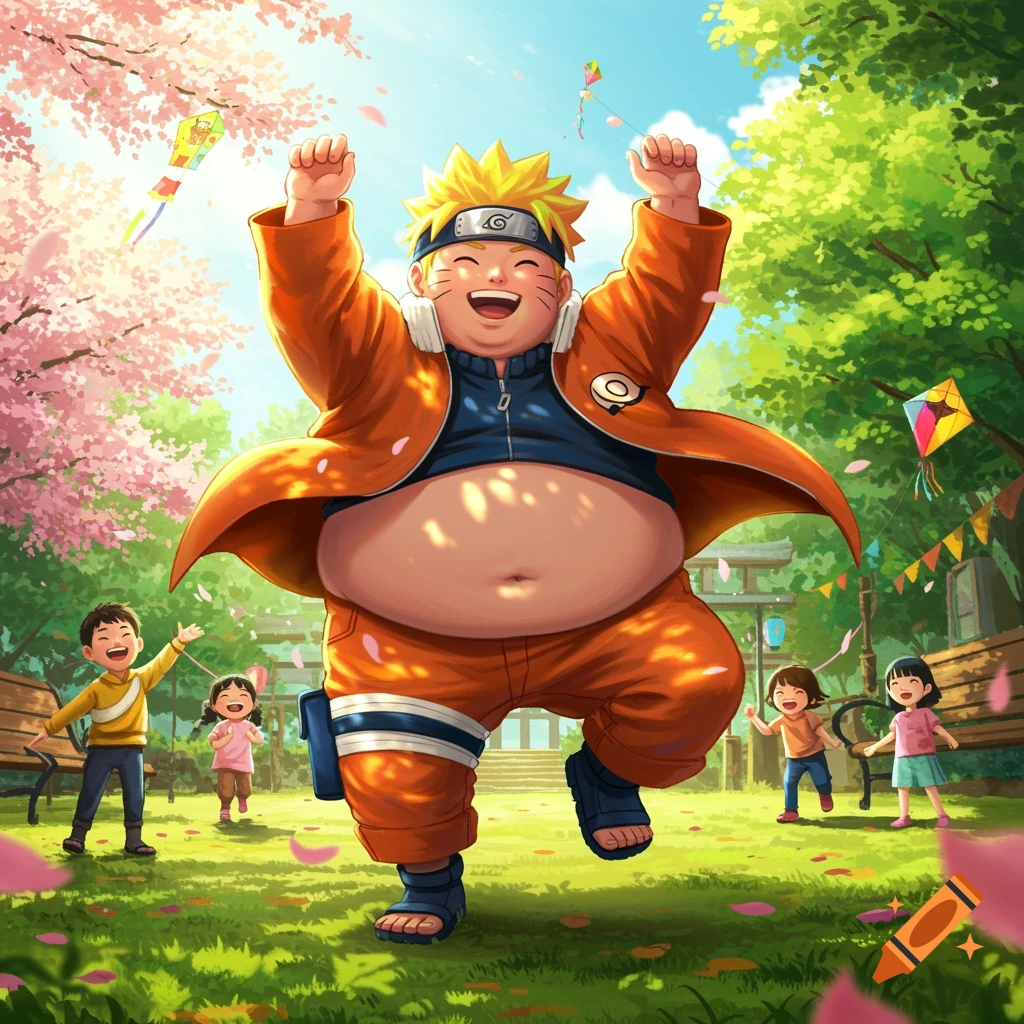Chubby Naruto character happily skipping in a sunny park with cherry blossoms, surrounded by playing children and kites, in an anime art style.