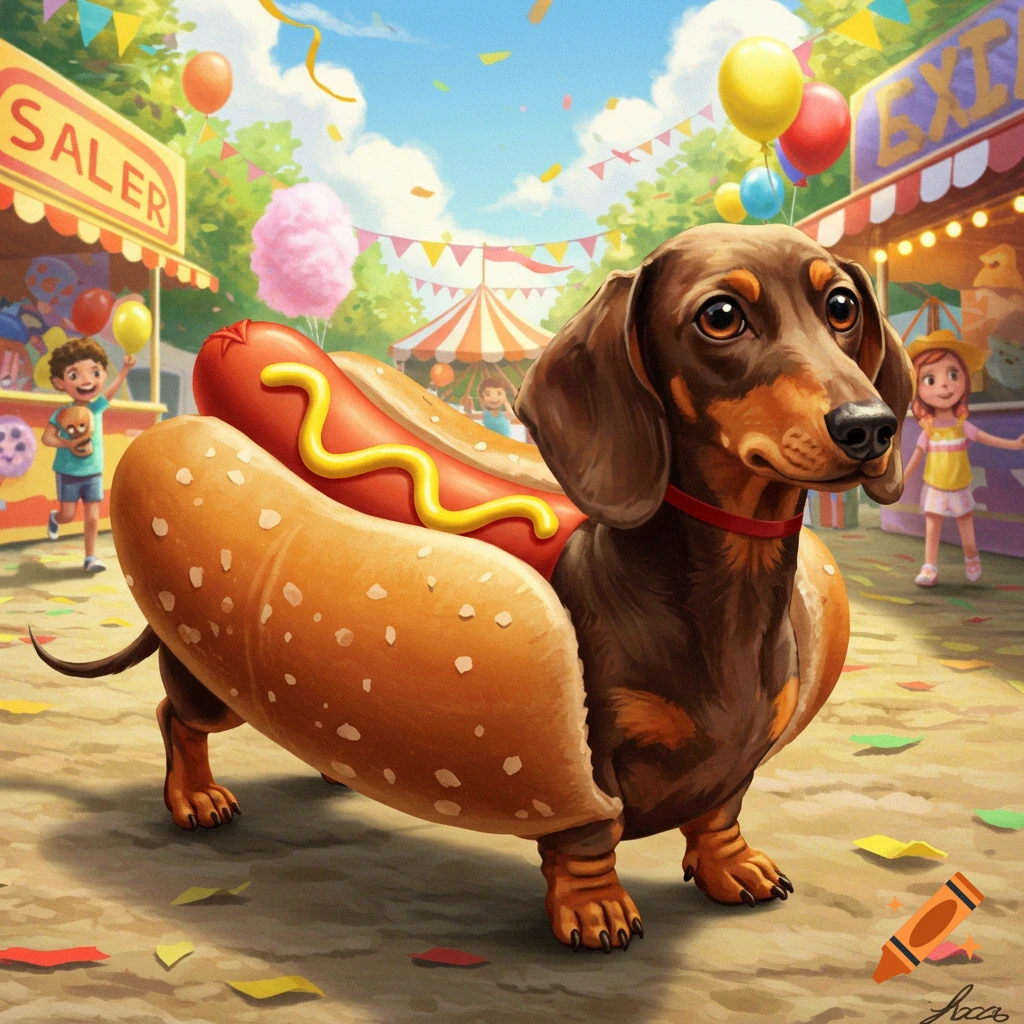 A cute dachshund dressed as a hot dog, with a mustard squiggle, stands on a sunny carnival ground. Children and colorful stalls are in the background.