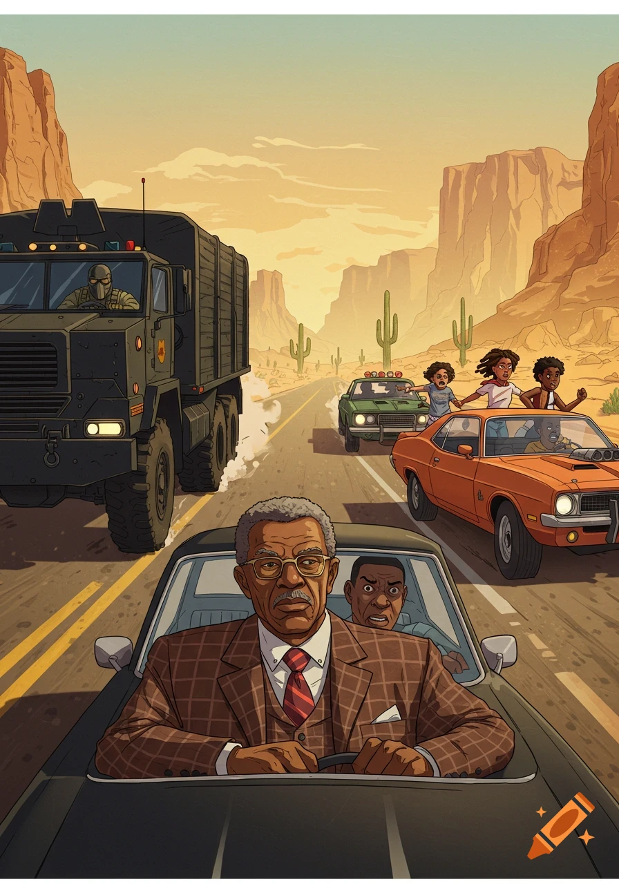An illustrated desert highway chase scene with a military truck, an elderly man in a black car, and an orange muscle car.