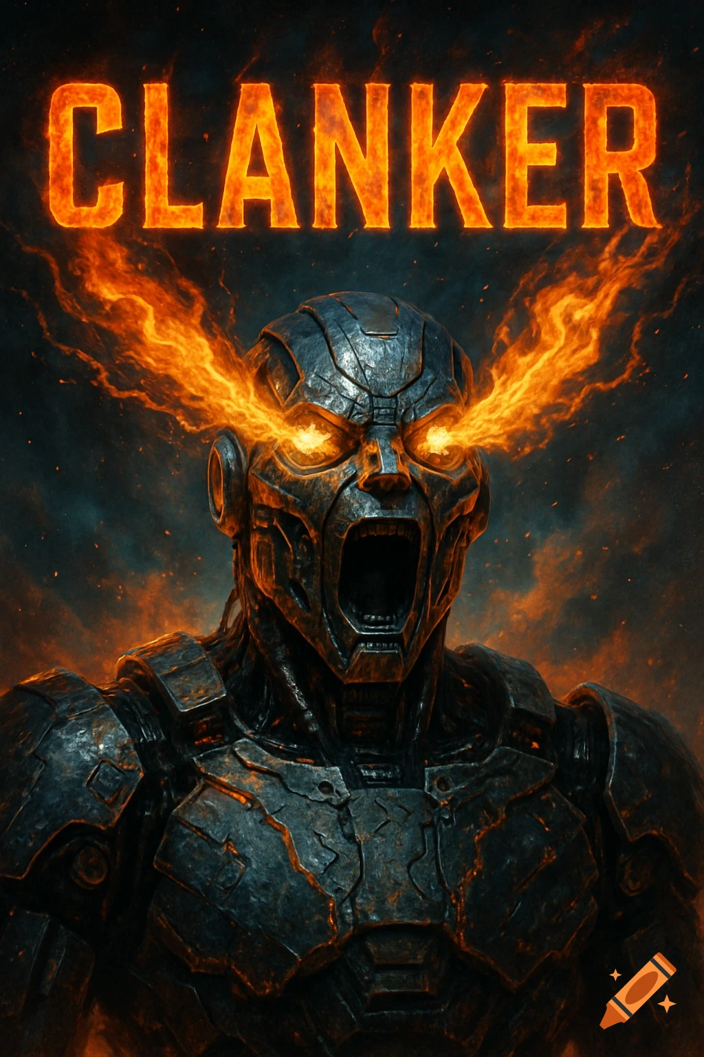 A dark sci-fi book cover features a screaming robot with glowing orange eyes and fire erupting from its head, beneath the fiery orange word "CLANKER."