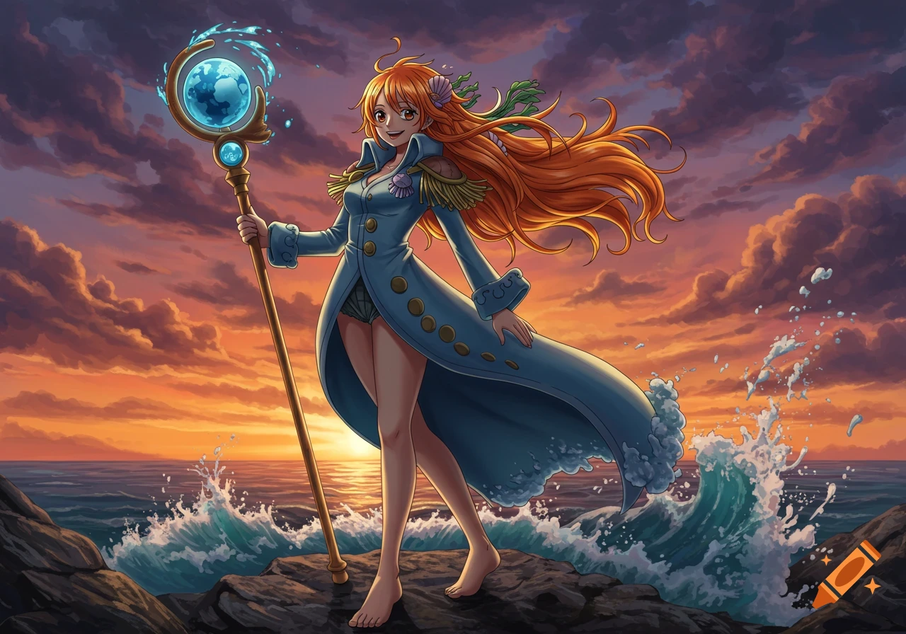 An anime character with long orange hair and a blue coat stands on rocks by the ocean at sunset, holding a staff.