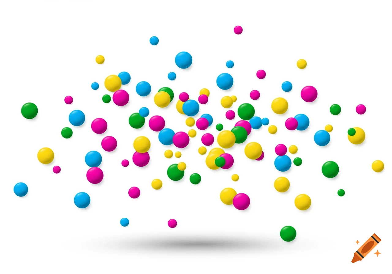 A vibrant arrangement of colorful 3D spheres in yellow, green, blue, and pink, scattered on a white background with soft shadows.